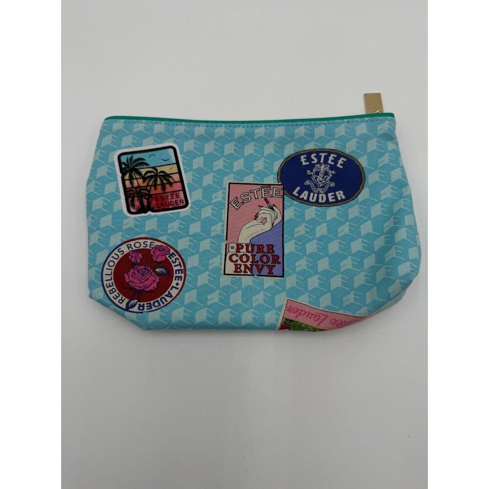 Estée Lauder Cosmetic Makeup Bag Blue Patch Print Travel Pouch Zippered Case